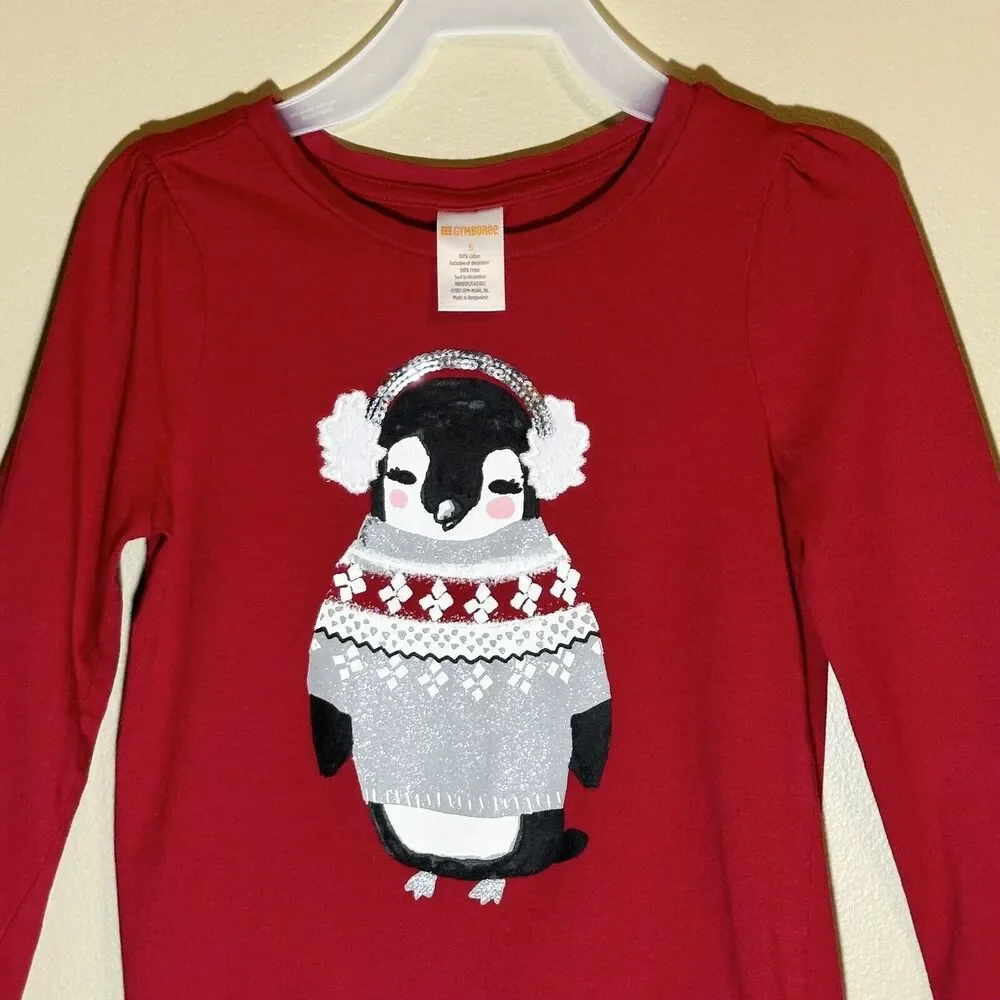 Gymboree Size 5 Holiday Red Penguin Shirt Ear Muffs Glitter Sequins